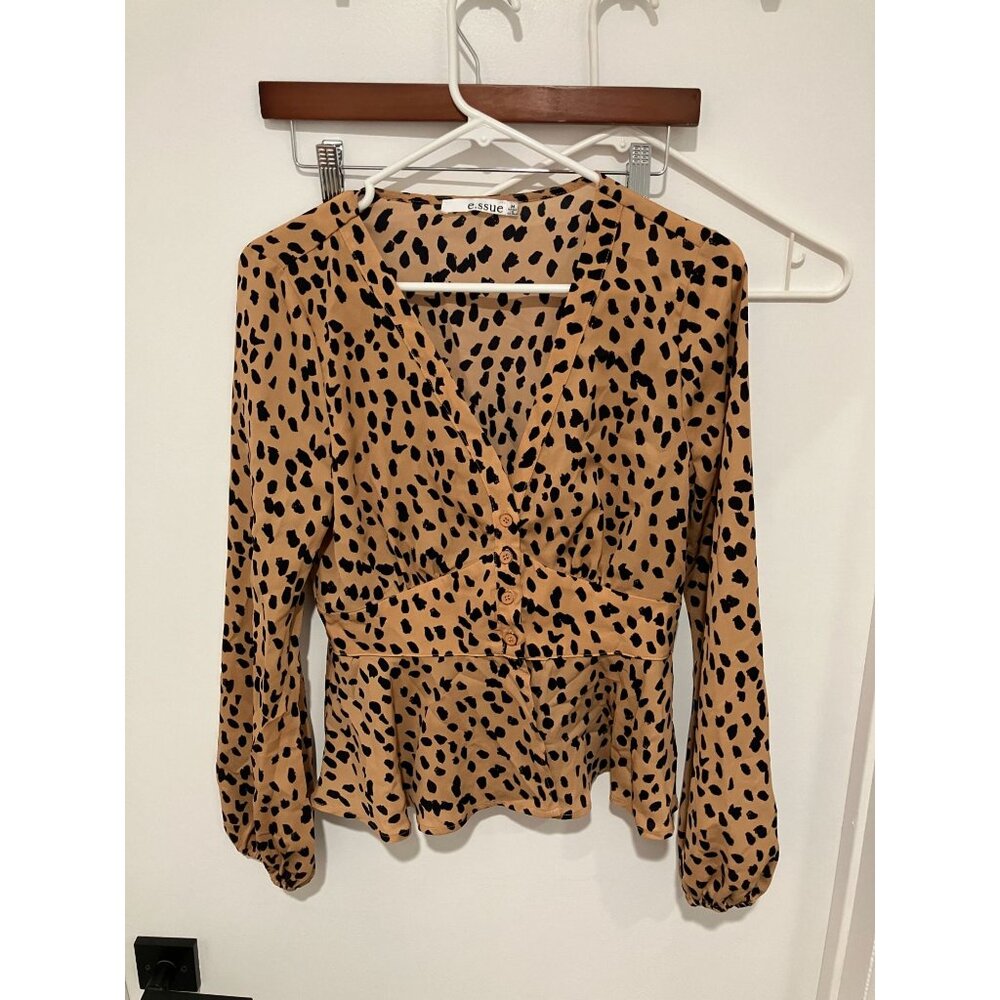 Essue Women's Leopard Print 1/2 Button Blouse, Brown/Black, Medium